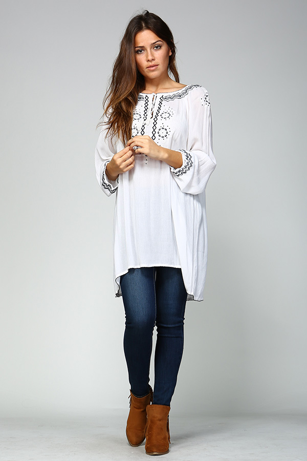 Long Sleeve White Tunic Top with Black Embroidery